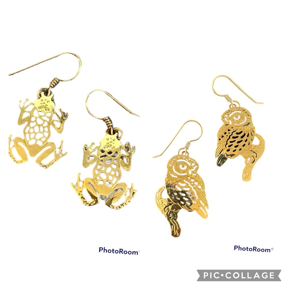 Wild Bryde 2 pair lot leopard frog owl French wire dangle earrings 14k plated